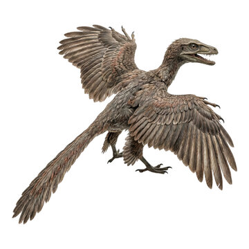 Archaeopteryx flying feathered dinosaur isolated. Prehistoric bird link.