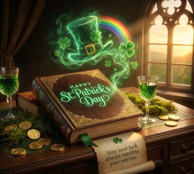 Mystical St Patricks Day scene featuring an antique book, glowing green hat, pot of gold coins, and glasses of green drink, set in a dimly lit room with a window view