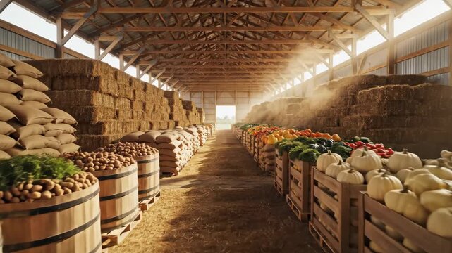 Bountiful harvest inside a farm barn with fresh vegetables,potatoes,hay bales,and produce on display showcasing abundance