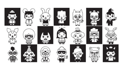 Obraz premium Collection of Black and White Cartoon Animal and Skull Icons in a Grid Pattern.
