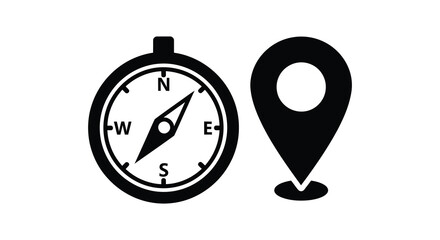 A simple black and white illustration depicts a navigational compass alongside a location pin icon symbolizing direction and place © VoDesign02