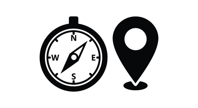 A simple black and white illustration depicts a navigational compass alongside a location pin icon symbolizing direction and place