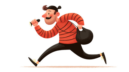 Fototapeta premium Humorous cartoon illustration of a thief running with a crowbar and a black sack of stolen goods, escaping after a crime.