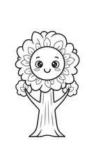 Obraz premium Whimsical cartoon tree with a sunlit sunflower-like canopy smiling at the viewer.