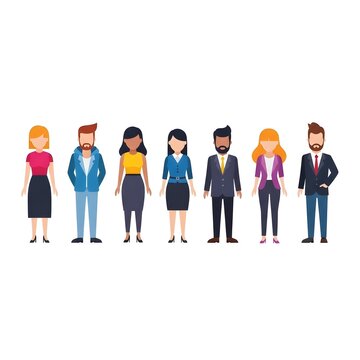 Diverse group of seven cartoon people in business casual attire standing in a line