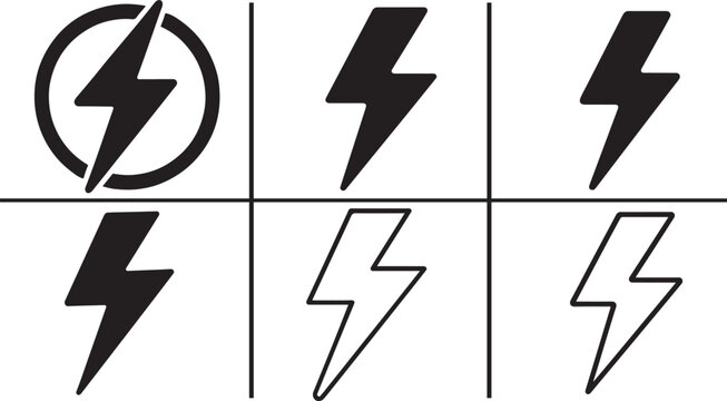 Lightning bolt icons in outline and solid styles. Energy flash symbols for power and charging UI.