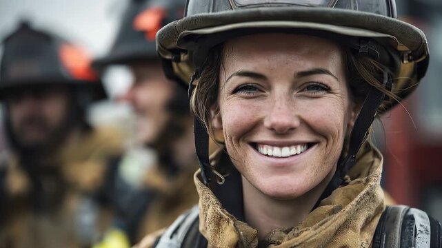 Confident firefighter smiling in turnout gear during training drill on a cloudy day at a fire station