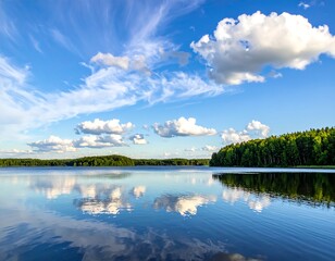 Obraz premium Serene landscape blue sky, clouds, lake, and lush green forest