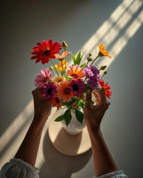 Kreative H&auml;nde arrangieren leuchtenden Blumenstrau&szlig; mit Gerbera in stimmungsvollem Sonnenlicht von oben