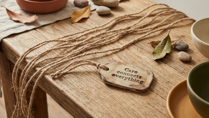 Wooden tabletop displaying rustic tag with text and natural decor