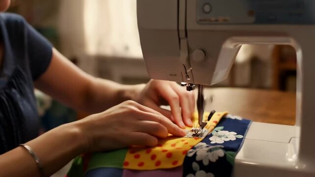 Hands sew colorful fabric with sewing machine in bright indoor space at afternoon time