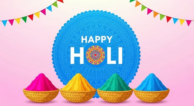 Happy holi celebration with colorful powders and festive decorations