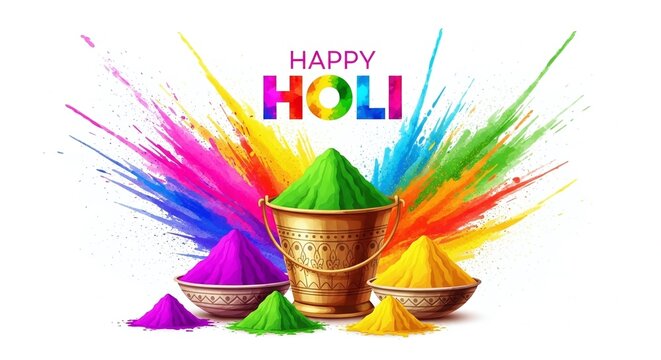 Vibrant holi celebration with colorful powders and buckets on white background
