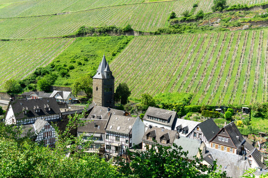 Historic Bacharach Medieval Architecture with Steeger Tor Tower and Steep Hillside Riesling Vineyards in the UNESCO World Heritage Rhine Valley Germany