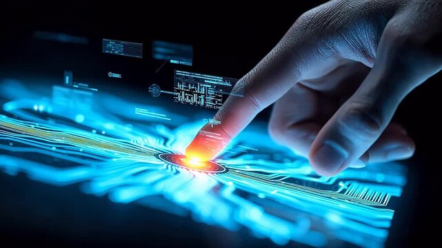 Hand interacting with futuristic digital interface