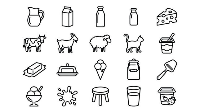 Dairy and milk products editable stroke outline icons set isolated on white background flat vector illustration. 