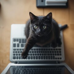 Overhead shot of a small black cat sitting beside an open laptop, one paw extended onto the trackpad