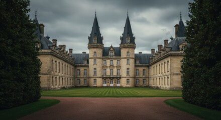 Fototapeta premium Exterior view of a majestic stone palace with towering architecture, elegant windows, and expansive grounds suitable for historical monarchy ,turret ,facade ,destination