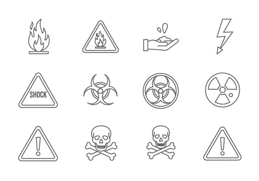 Set of twelve gray lineart icons depicting various hazard and warning symbols
