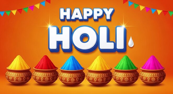 Vibrant holi festival colorful powder in decorative bowls on orange background