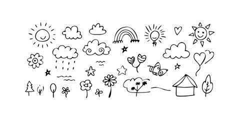 Fototapeta premium A variety of different weather icons and symbols in a black and white sketch style Vector