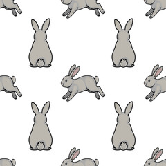 Playful grey rabbits in a seamless vector pattern illustration, perfect for Easter and spring themes.