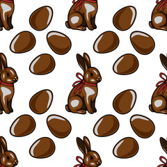Obraz premium Seamless vector pattern of shiny chocolate Easter bunnies and eggs with red ribbons