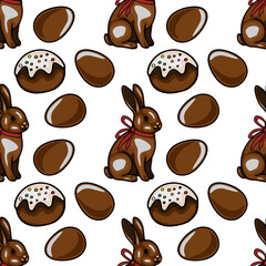 Obraz premium Seamless vector pattern of glossy chocolate Easter bunnies and decorated eggs