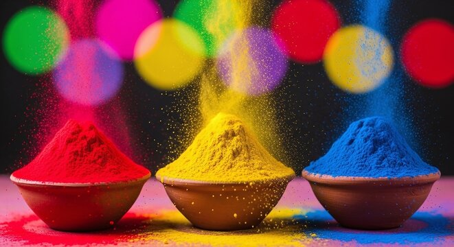 Vibrant colored powders in bowls with colorful background lights