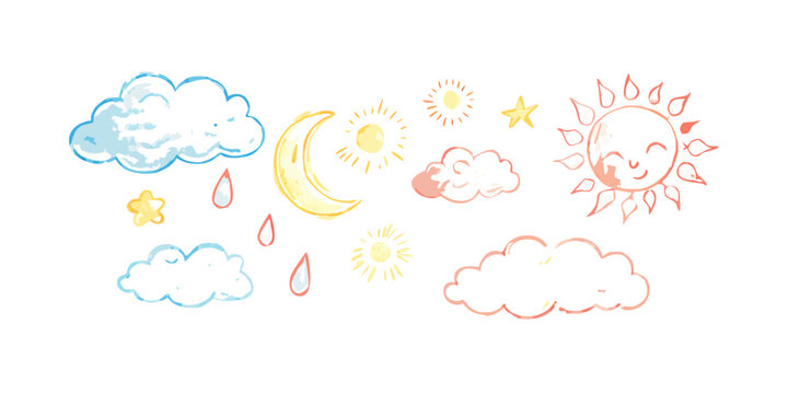 A whimsical illustration of various colorful clouds and celestial bodies Vector