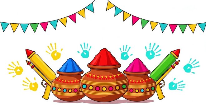 Colorful holi festival decorations with pots and crayons on white