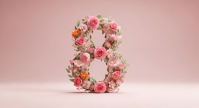 Floral number eight illustration with roses and spring flowers symbolizing international womens day celebration elegance creativity and feminine strength vector design