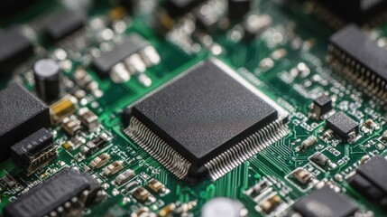 Smart IoT processor on compact PCB, Minimal tech, soft green white, realistic macro photography, natural light, commercial usability.