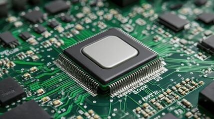 Smart IoT processor on compact PCB, Minimal tech, soft green white, realistic macro photography, natural light, commercial usability.