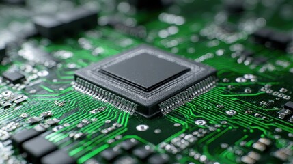 Smart IoT processor on compact PCB, Minimal tech, soft green white, realistic macro photography, natural light, commercial usability.