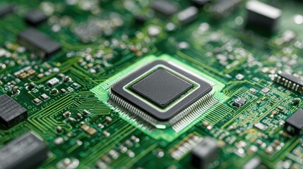 Smart IoT processor on compact PCB, Minimal tech, soft green white, realistic macro photography, natural light, commercial usability.