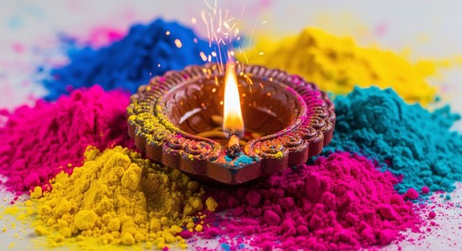 Colorful powder piles surround a lit diya lamp on white background