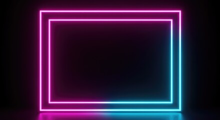 Fototapeta premium Abstract futuristic background with bright electric magenta and cyan neon tubes forming an empty square border. Illuminated black frame copy space template ,blank ,presentation ,pink