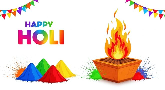 Vibrant holi celebration with colorful powders and fire pit on white background