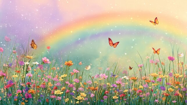 Enchanted Meadow: Butterflies dance across a vibrant field of wildflowers, their delicate wings fluttering under a colorful rainbow in an ethereal scene of natural beauty and whimsical charm.
