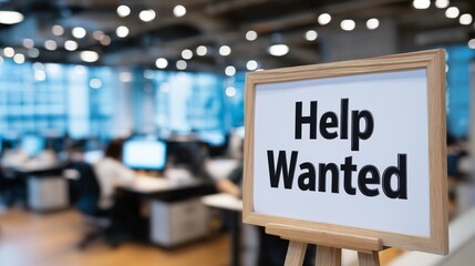 Help wanted sign in an office space with people working at desks during the day