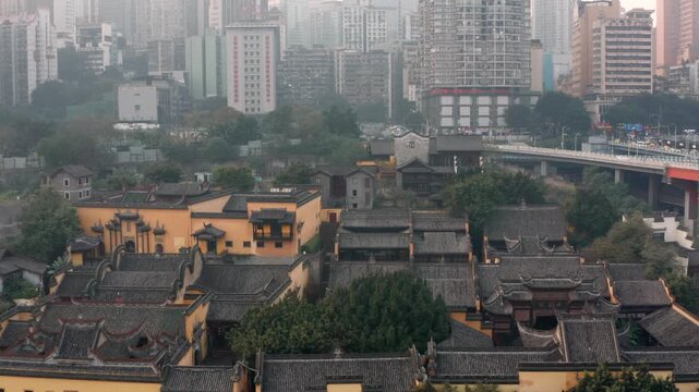 Chongqing Huguang Guild Hall Aerial View with Modern Skyline Contrast