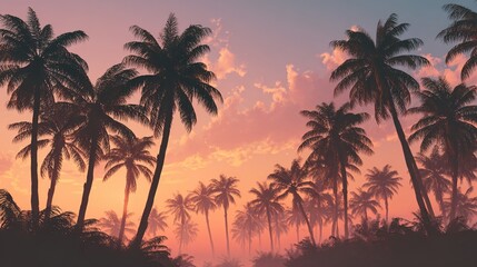 Obraz premium Tropical Sunset: Silhouettes of palm trees frame a vibrant sunset, painting the sky with a breathtaking display of colors. A tranquil moment of natural beauty and exotic charm. 