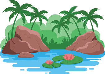 Detailed flat vector illustration of a tropical island oasis featuring rocky outcrops palm trees lush jungle greenery and pink lilies in blue water.