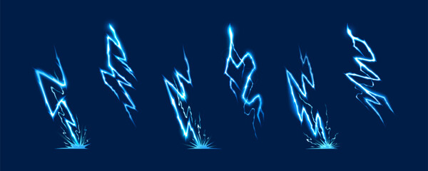 Thunder bolt effect with dynamic blue energy lines and electric sparks on dark background. Cartoon vector thunder strike with glowing neon flash and powerful storm discharge for game design. © vectorpouch