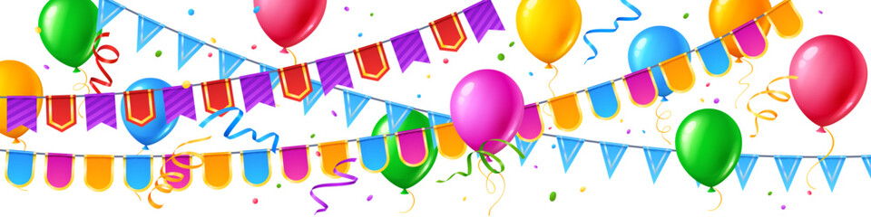 Bunting garland with birthday balloons and colorful confetti for festive party decor. Carnival banner with pennants flags and streamers on white background. Joyful celebration bunting design. © vectorpouch
