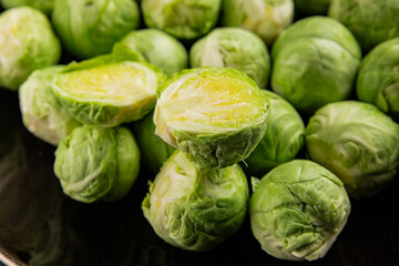 Brussels sprouts organic vegetable bio cooking tasty snack fresh gourmet food background on the table rustic food top view copy space vegetarian and vegan food marketing concept photo
