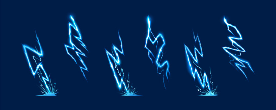 Thunder bolt effect with dynamic blue energy lines and electric sparks on dark background. Cartoon vector thunder strike with glowing neon flash and powerful storm discharge for game design.