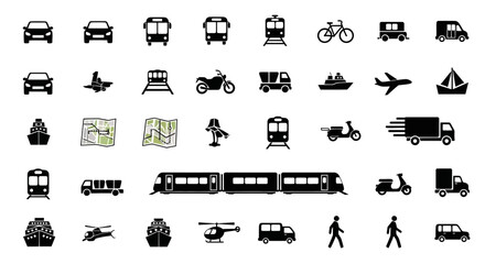 Collection of Various Transportation Icons and Symbols.