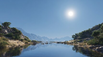 Fototapeta premium Serene Waterscape: A tranquil river meanders through a picturesque landscape, reflecting the clear blue sky and the sun's radiant light.